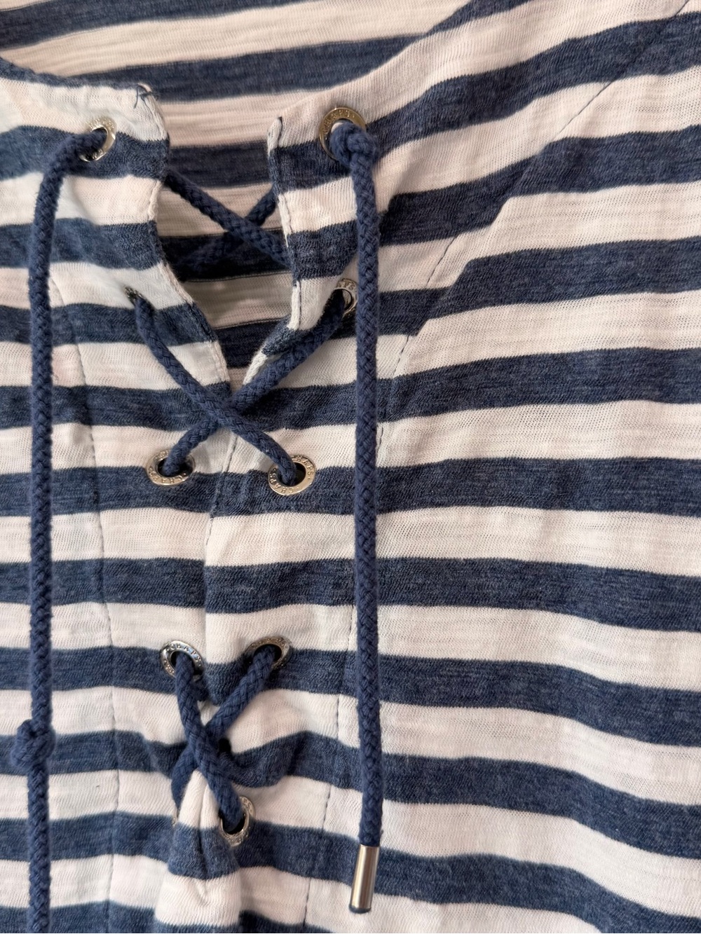 Chaps Navy and White Striped Lace-Up Tunic Top